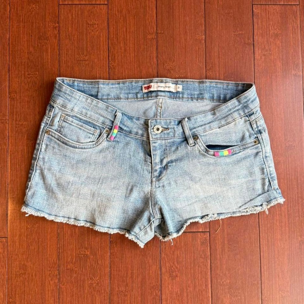Levi's Light Blue Denim Cutoff Shorts with Colorful Pocket Tabs